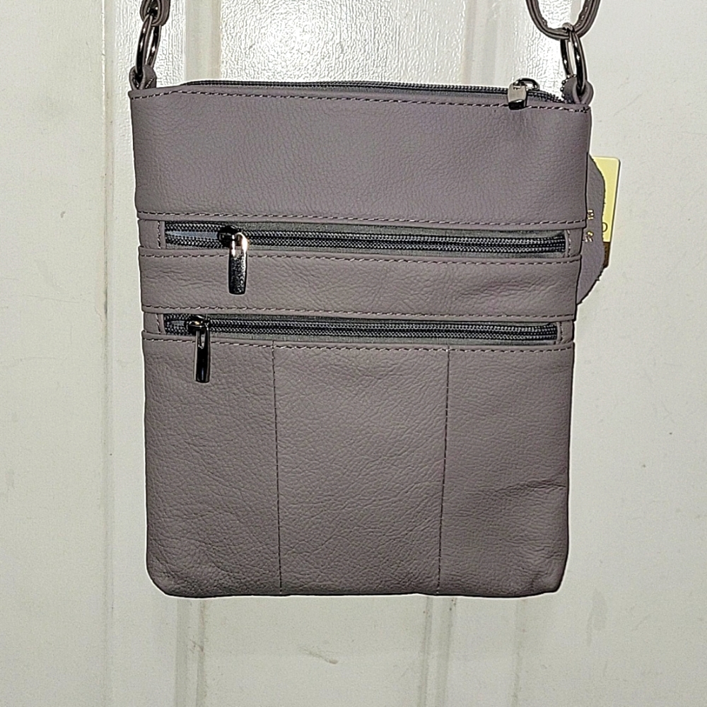 Gray leather crossbody purse.